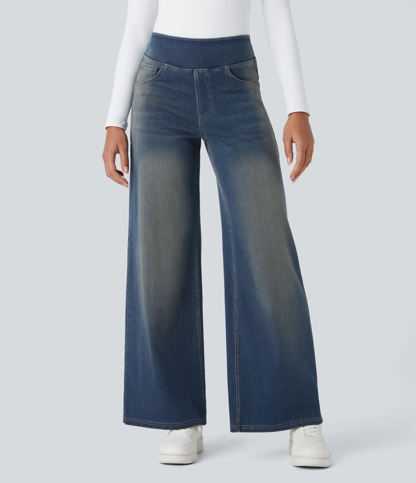 Halara Flex High Waisted Multiple Pockets Wide Leg Washed Stretchy Knit Casual Jeans