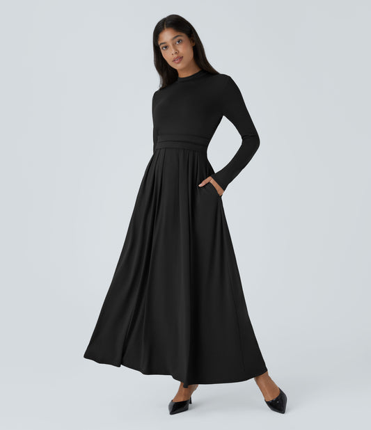 Elegant Mock-Neck Long Sleeve Flare Maxi Dress with Pockets for Women