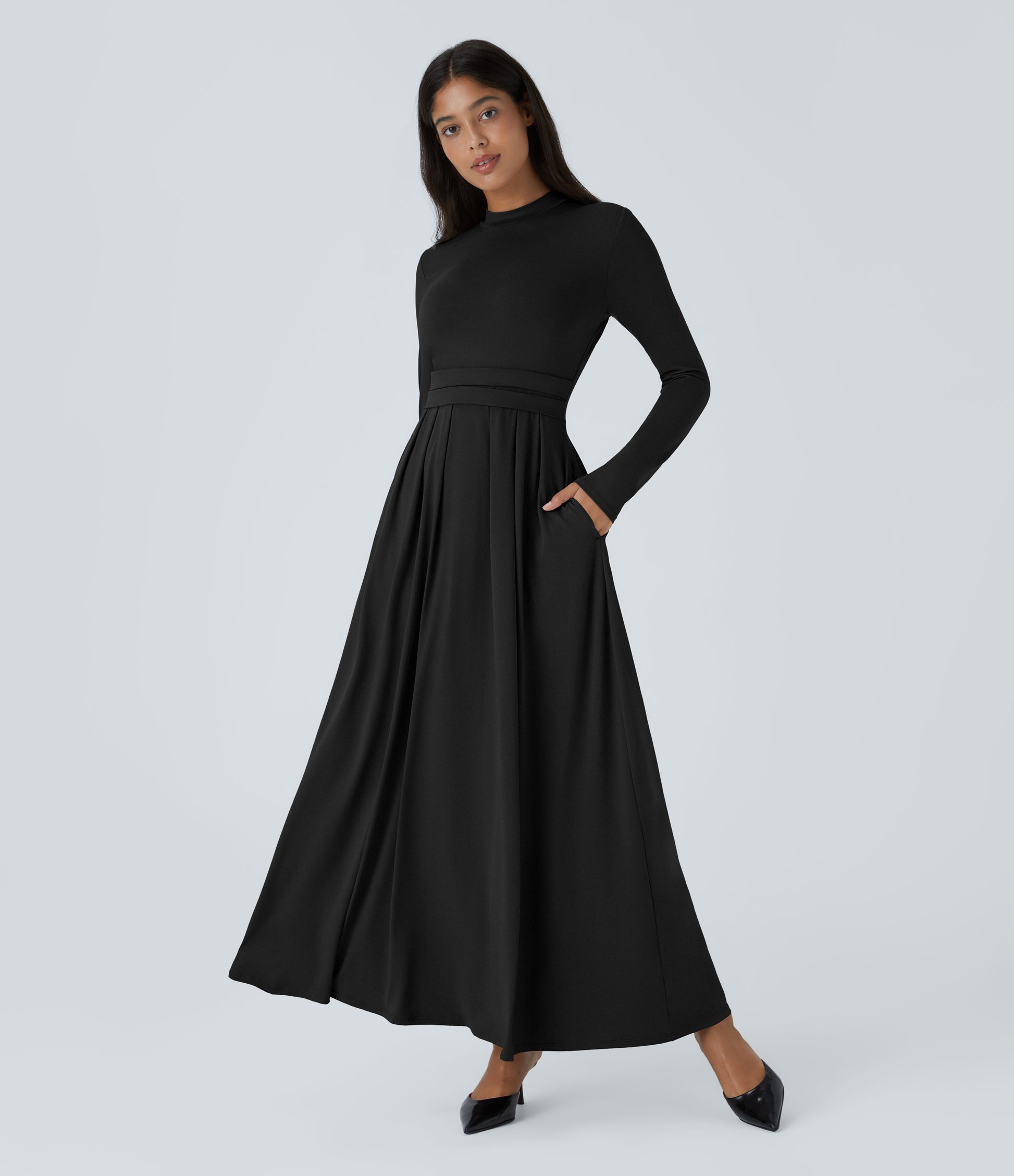 Elegant Mock-neck Long Sleeve Flare Maxi Dress with Convenient Side Pockets