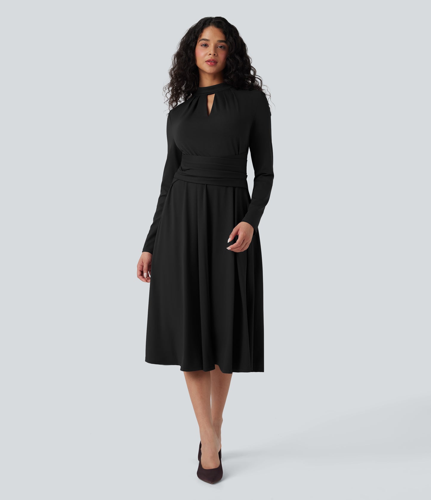 Chic Cut Out Long Sleeve Tie Back Midi Dress - Modern Style & Pockets
