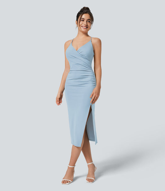 SoftlyZero Airy Crossover Ruched Backless Lace-Up Bodycon Midi Dress UPF50+
