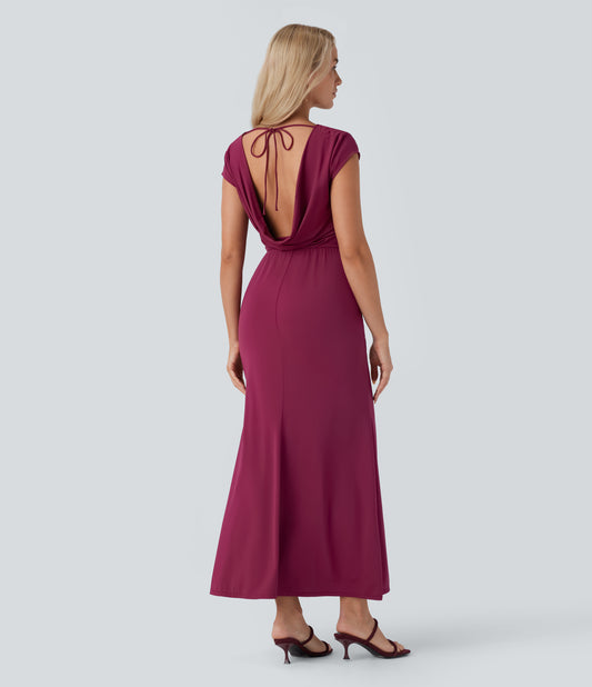 Elegant Backless Tie-Back Cowl Neck Cap Sleeve Maxi Dress for Parties & Events