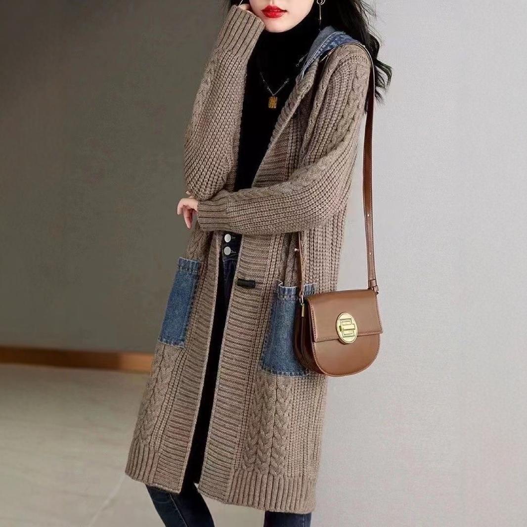 Spring And Autumn Cardigan Mid-length Loose Western Style Outer Wear Hooded Knitted Top