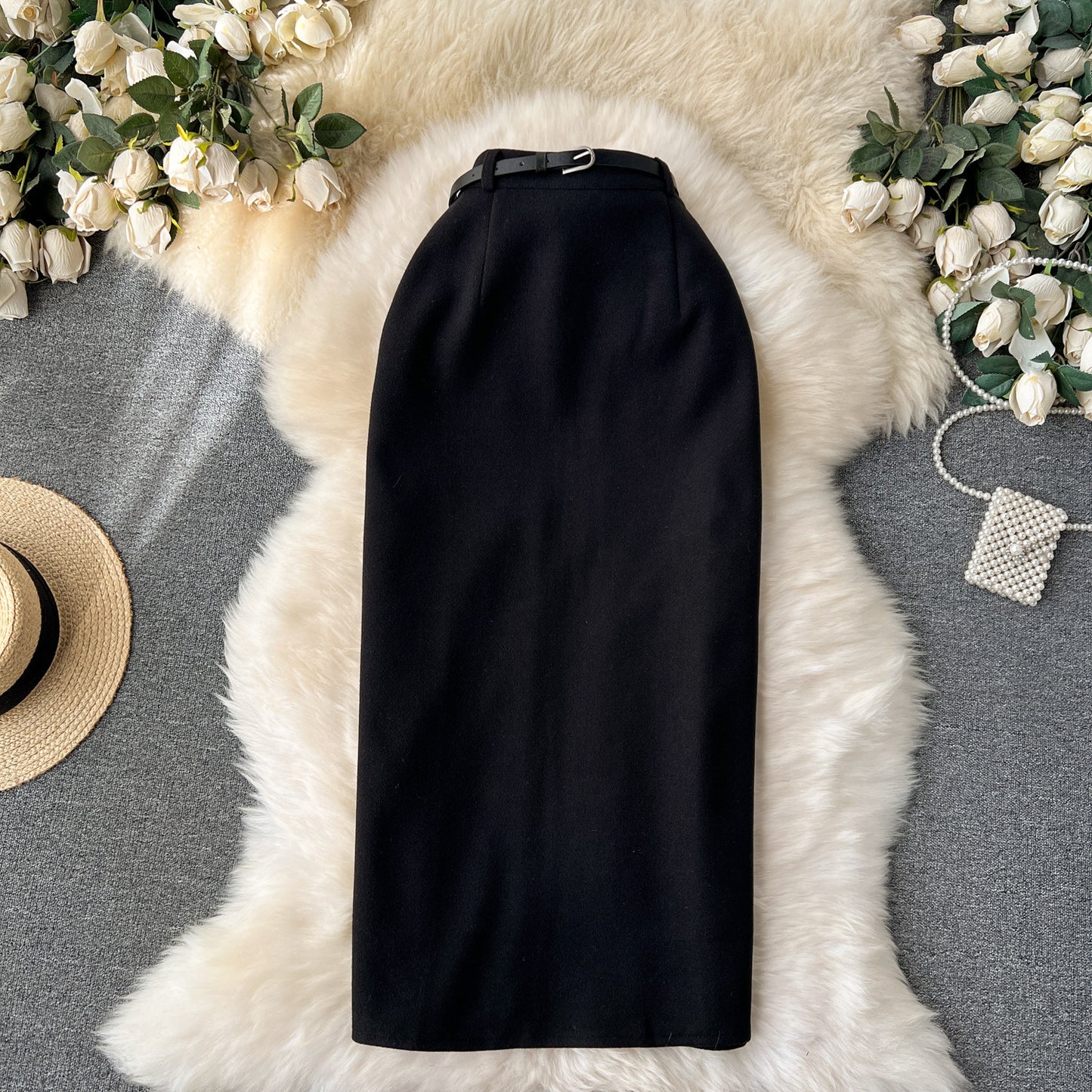 Woolen High Waist Sheath Split Straight One-step Skirt