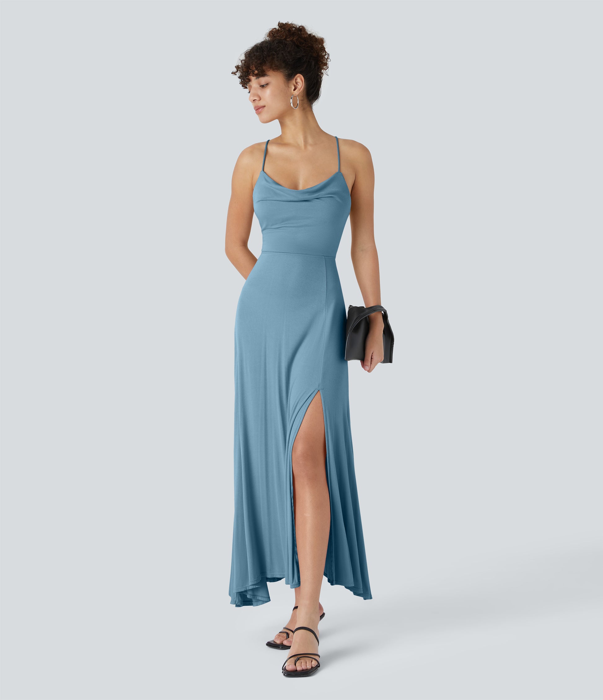 Elegant Ribbed Cowl Neck Backless Crisscross Lace-Up Split Midi Party Dress