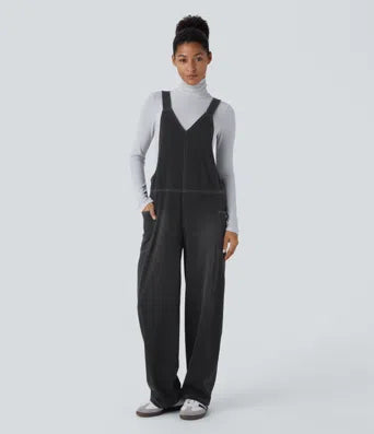 Halara Flex V Neck Side Pocket Washed Stretchy Knit Denim Casual Overalls