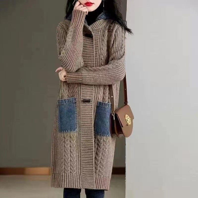 Spring And Autumn Cardigan Mid-length Loose Western Style Outer Wear Hooded Knitted Top