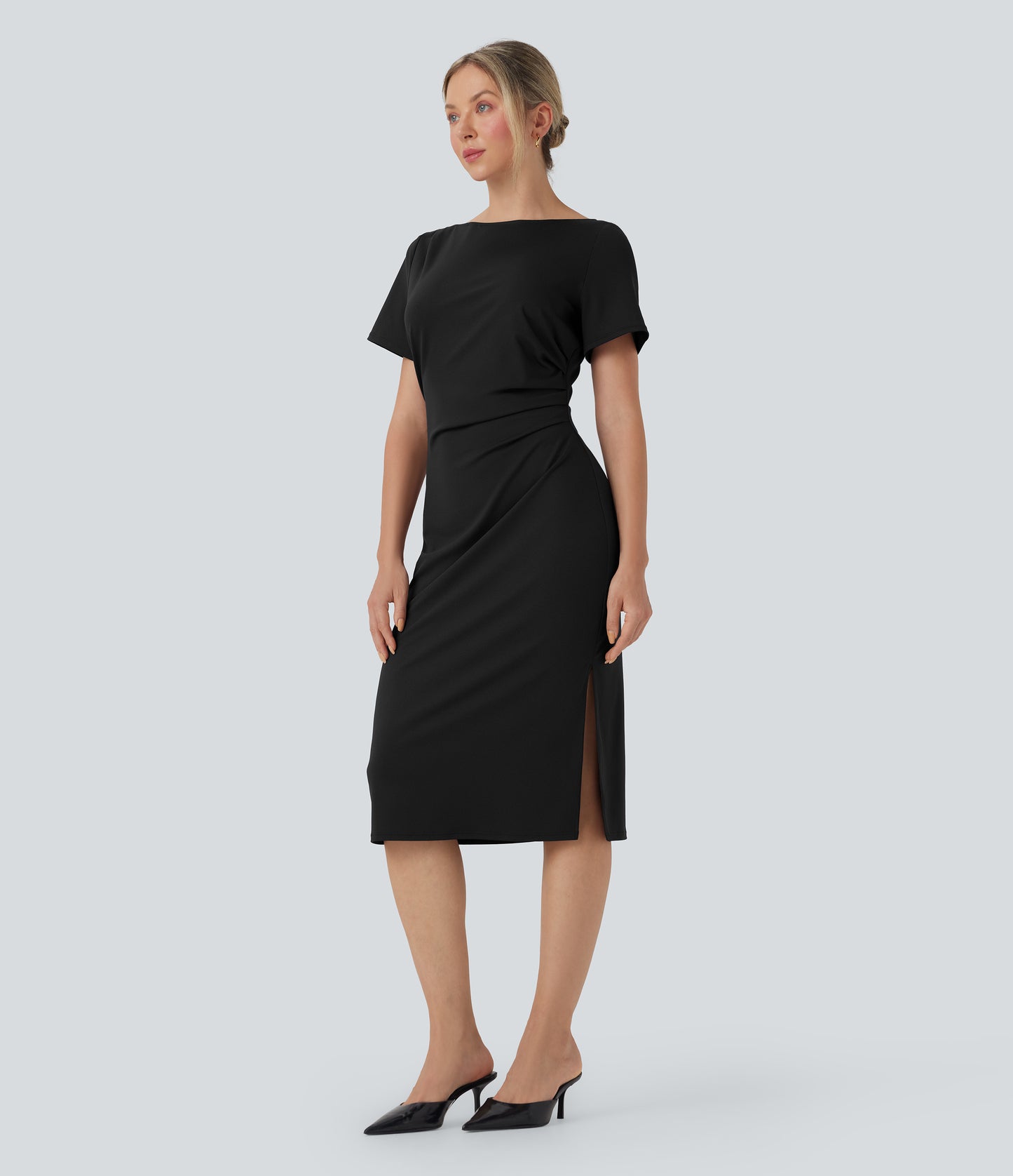 Chic Short Sleeve Ruched Bodycon Midi Work Dress for Women - Comfortable & Stylish