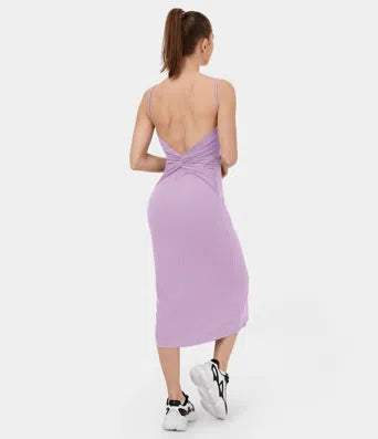 Ribbed Knit Backless Twisted Bodycon Midi Casual Dress