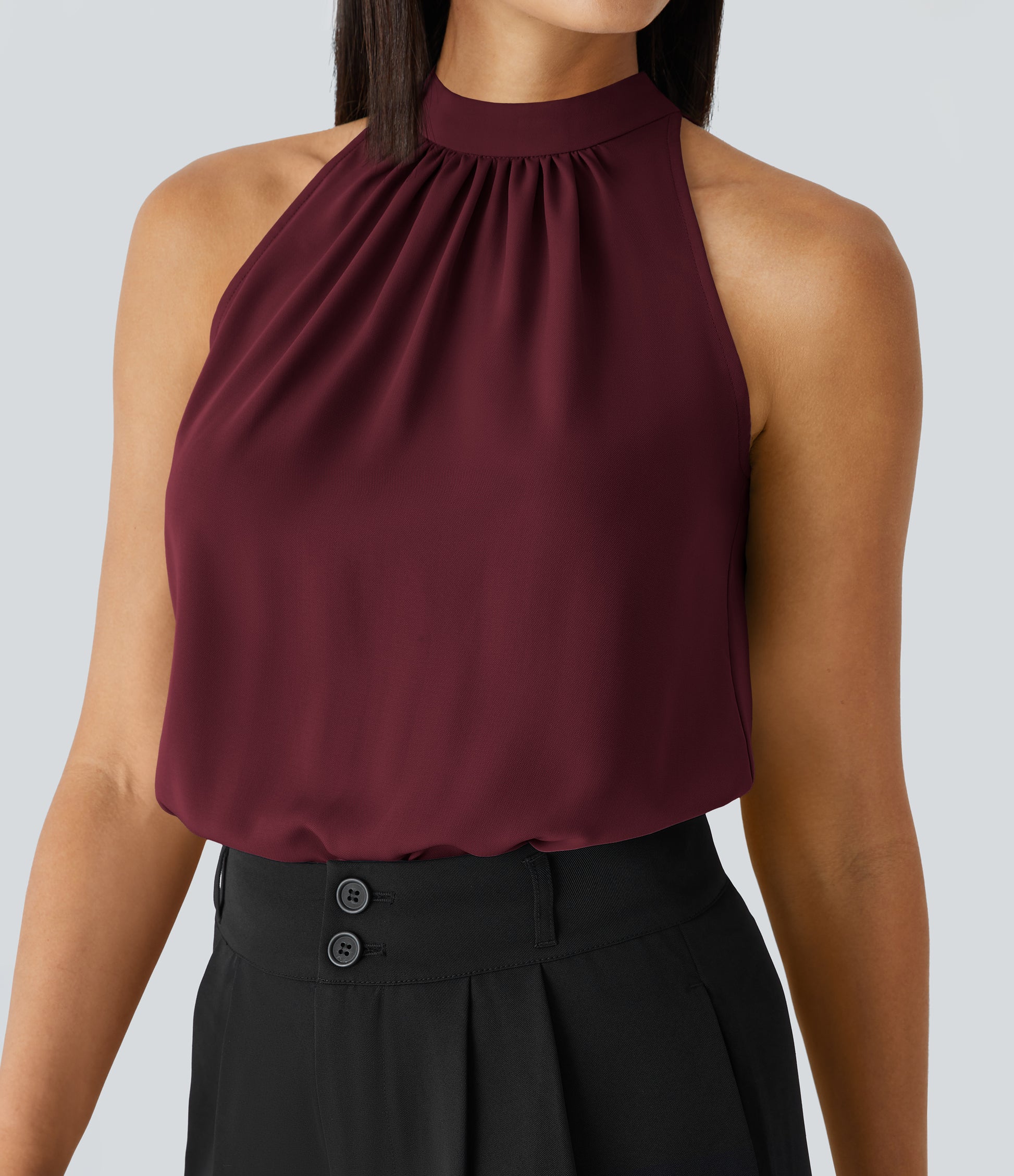 Women's Chic Keyhole Halter Sleeveless Blouse: Elegant Curved Hem Work Top