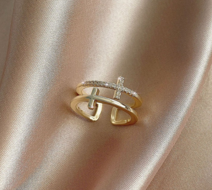 Double Cross Miniature Copper Inlaid Zircon Ring 06