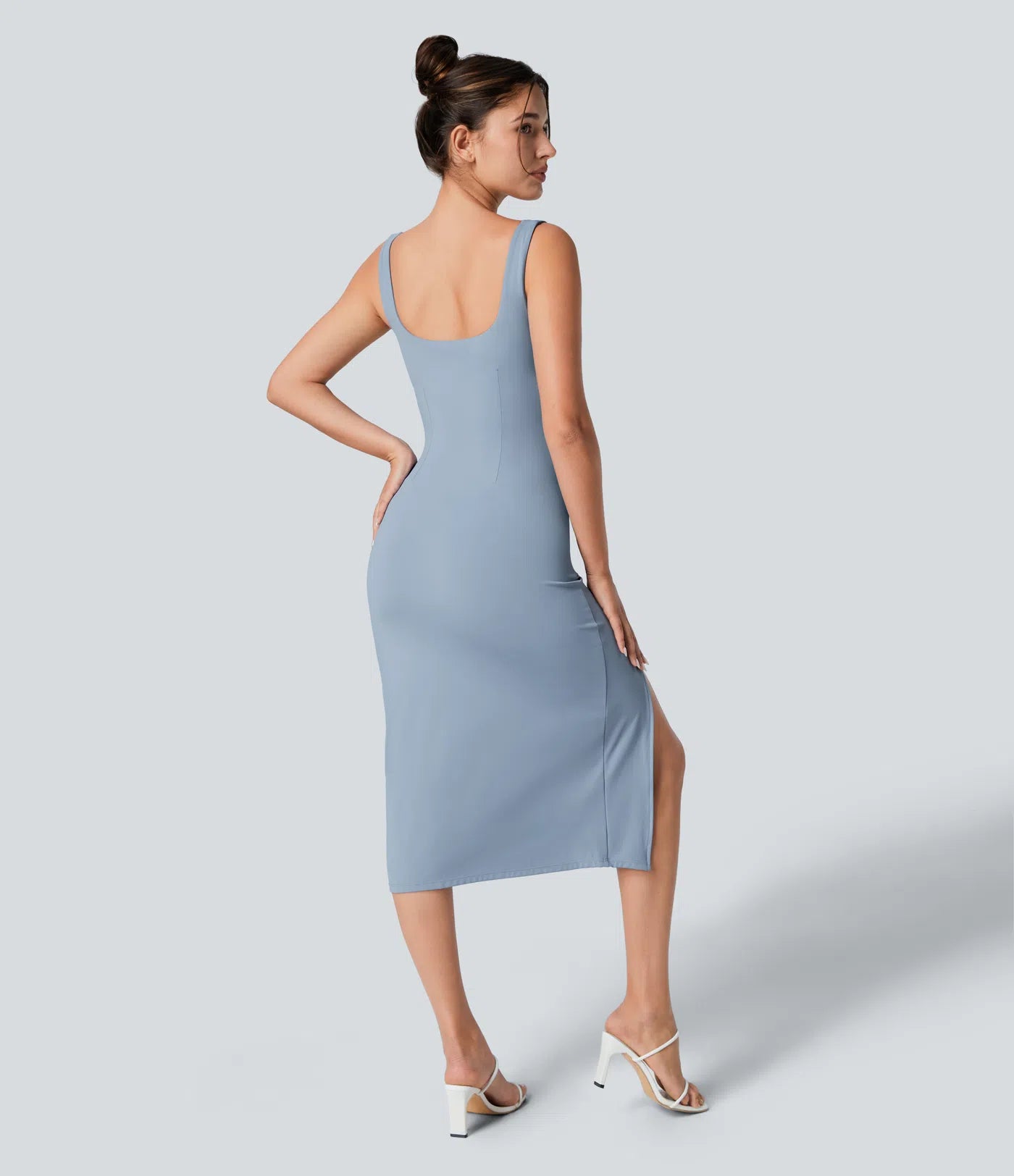 Square Neck Backless Corset Ruched Split Bodycon Midi Casual Dress