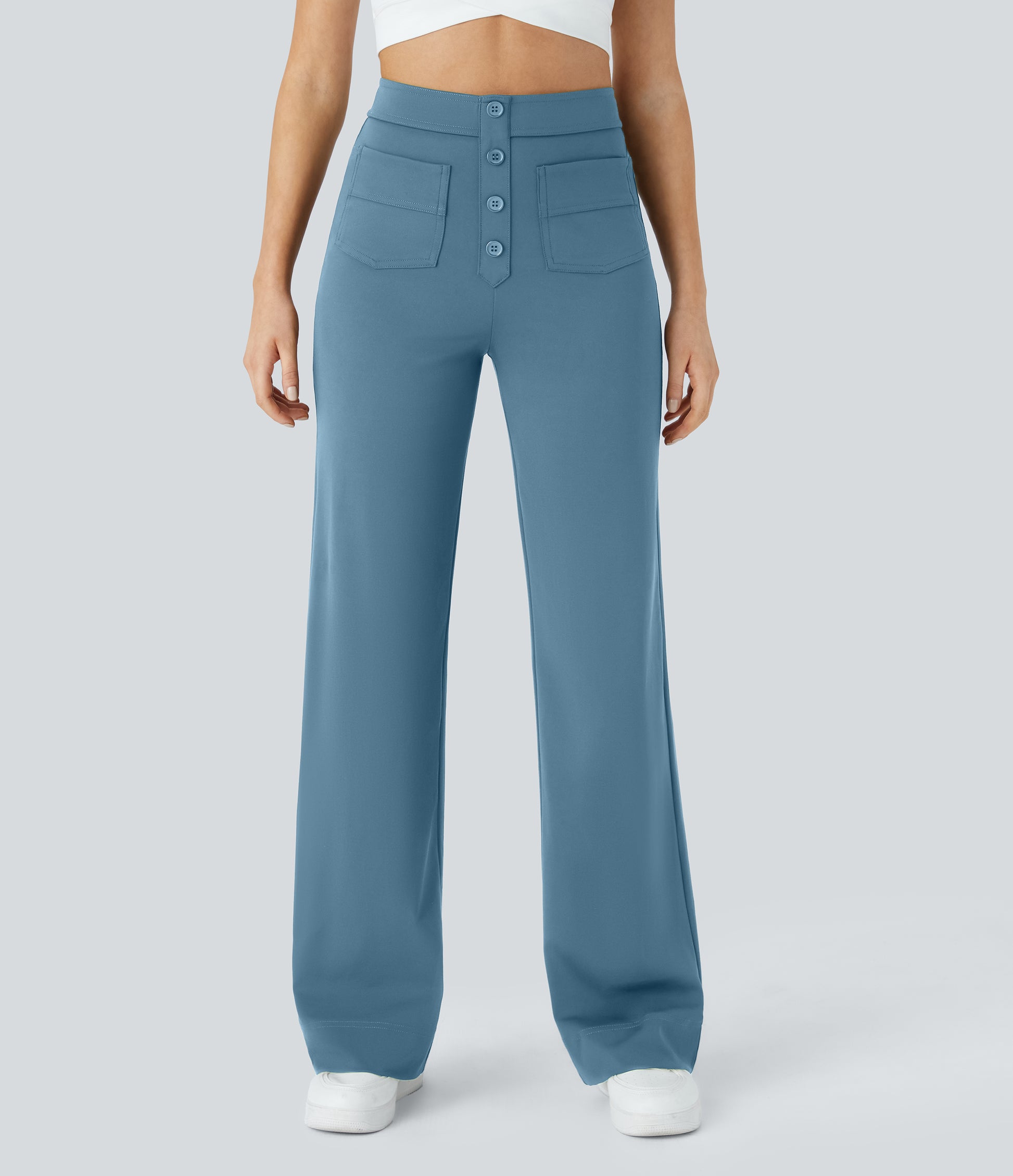 Halara High Waisted Button Straight Leg Casual Pants with Multiple Pockets