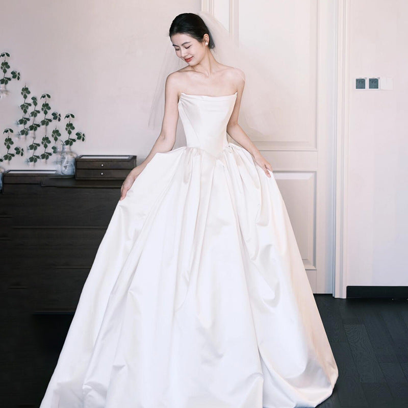Vintage Light Wedding Dress Tube Top Satin High-end Bridal White Dress