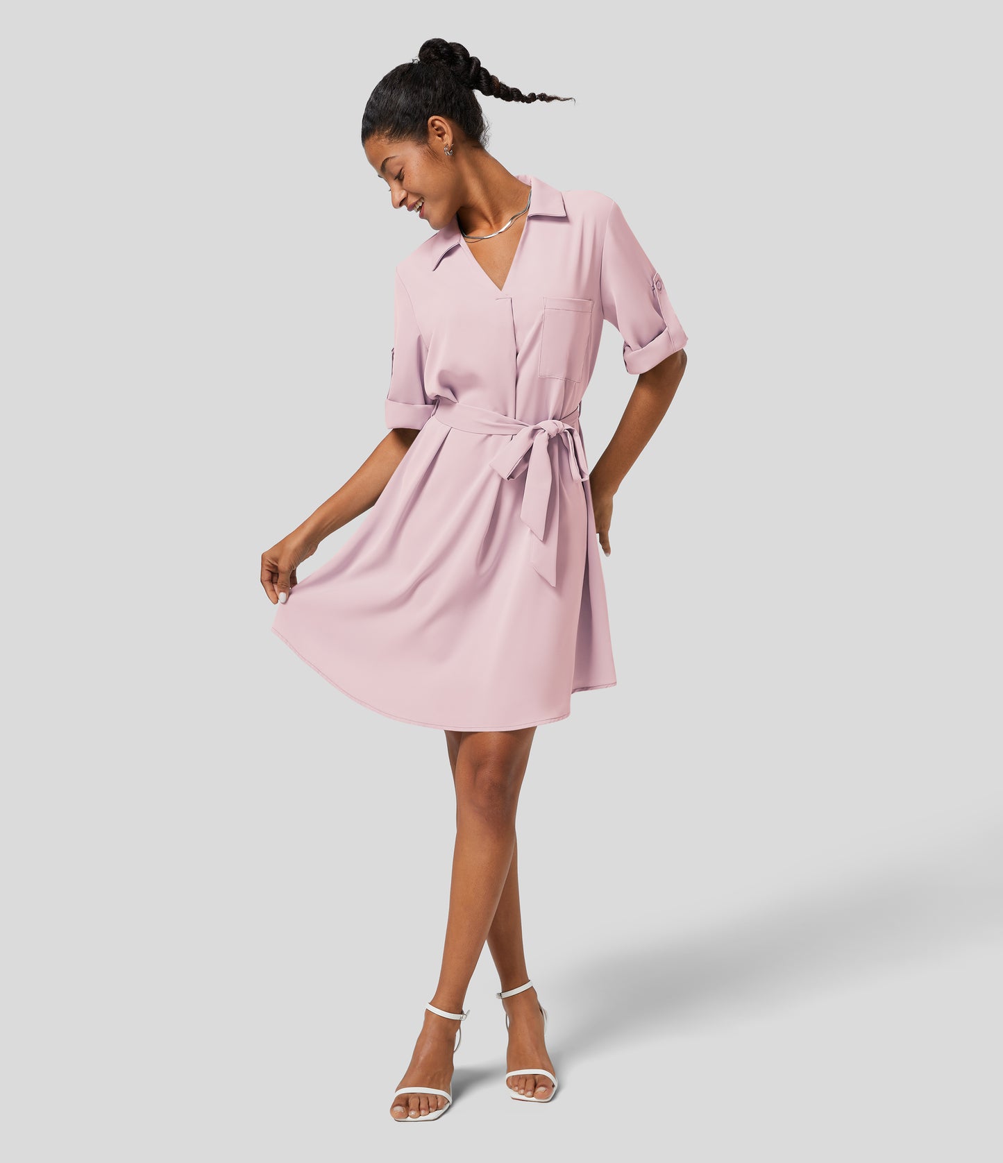 Chic Halara Women's Collared Roll-Up Sleeve Button-Down Belted Relaxed Midi Shirt Dress