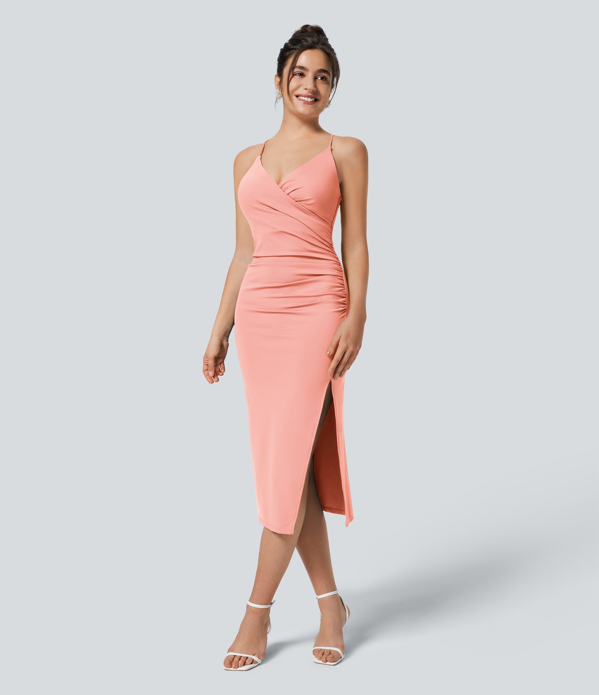 SoftlyZero Airy Crossover Ruched Backless Lace-Up Bodycon Midi Dress UPF50+