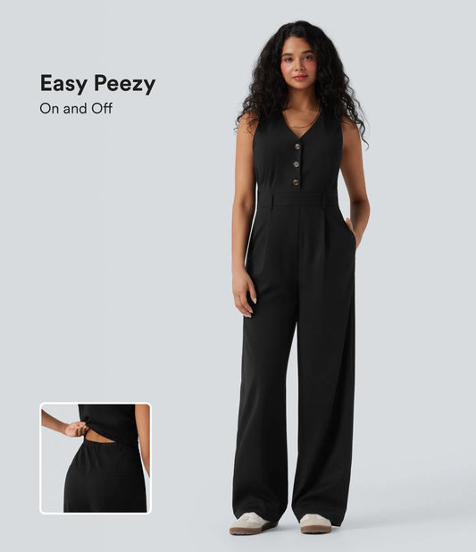 Chic V-Neck Sleeveless Jumpsuit with Pockets: Effortless Style, Ultimate Comfort
