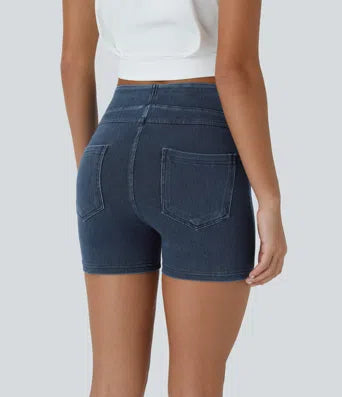 Halara Flex High Waisted Back Side Pocket Stretchy Knit Denim Casual Shorts 3"