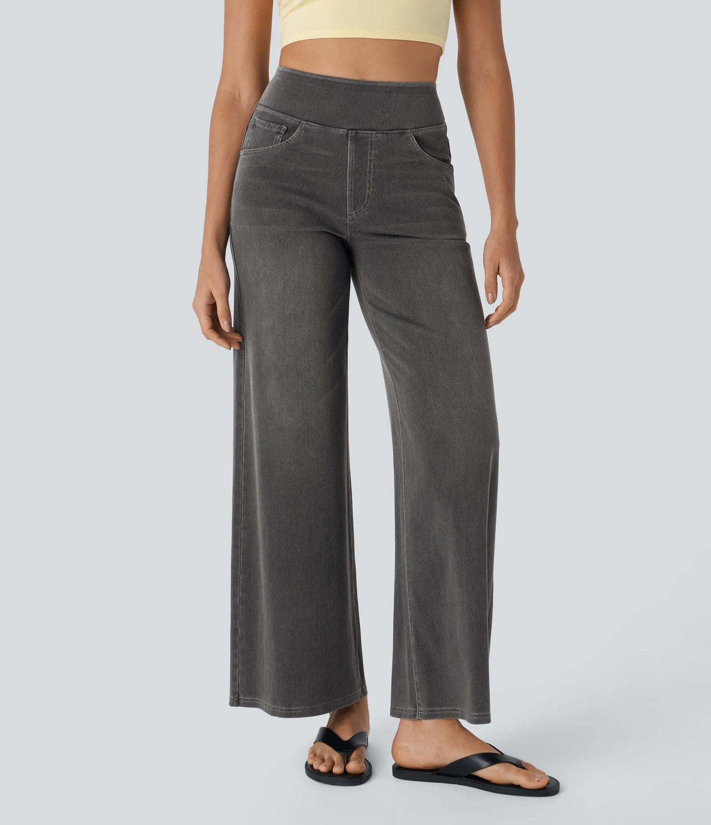 Halara Flex High Waisted Multiple Pockets Wide Leg Washed Stretchy Knit Casual Jeans