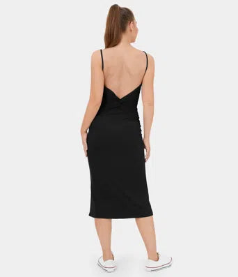 Ribbed Knit Backless Twisted Bodycon Midi Casual Dress