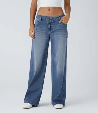 Halara Flex Asymmetric Low Rise Button Zipper Multiple Pockets Wide Leg Washed Stretchy Knit Casual Jeans