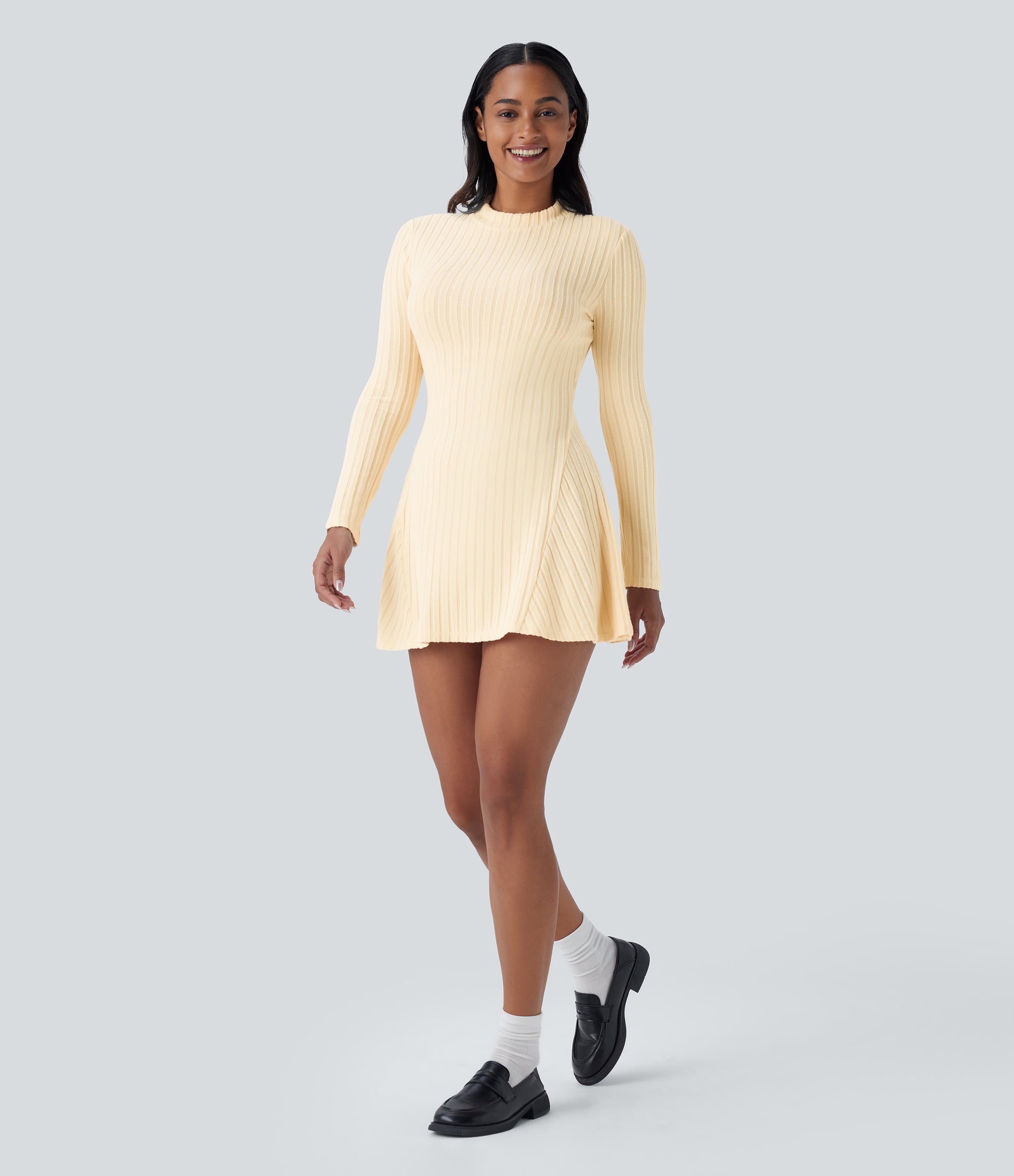 Soft Ribbed Knit Stand Collar Long Sleeve Mini Dress Cozy Everyday Versatile Style
