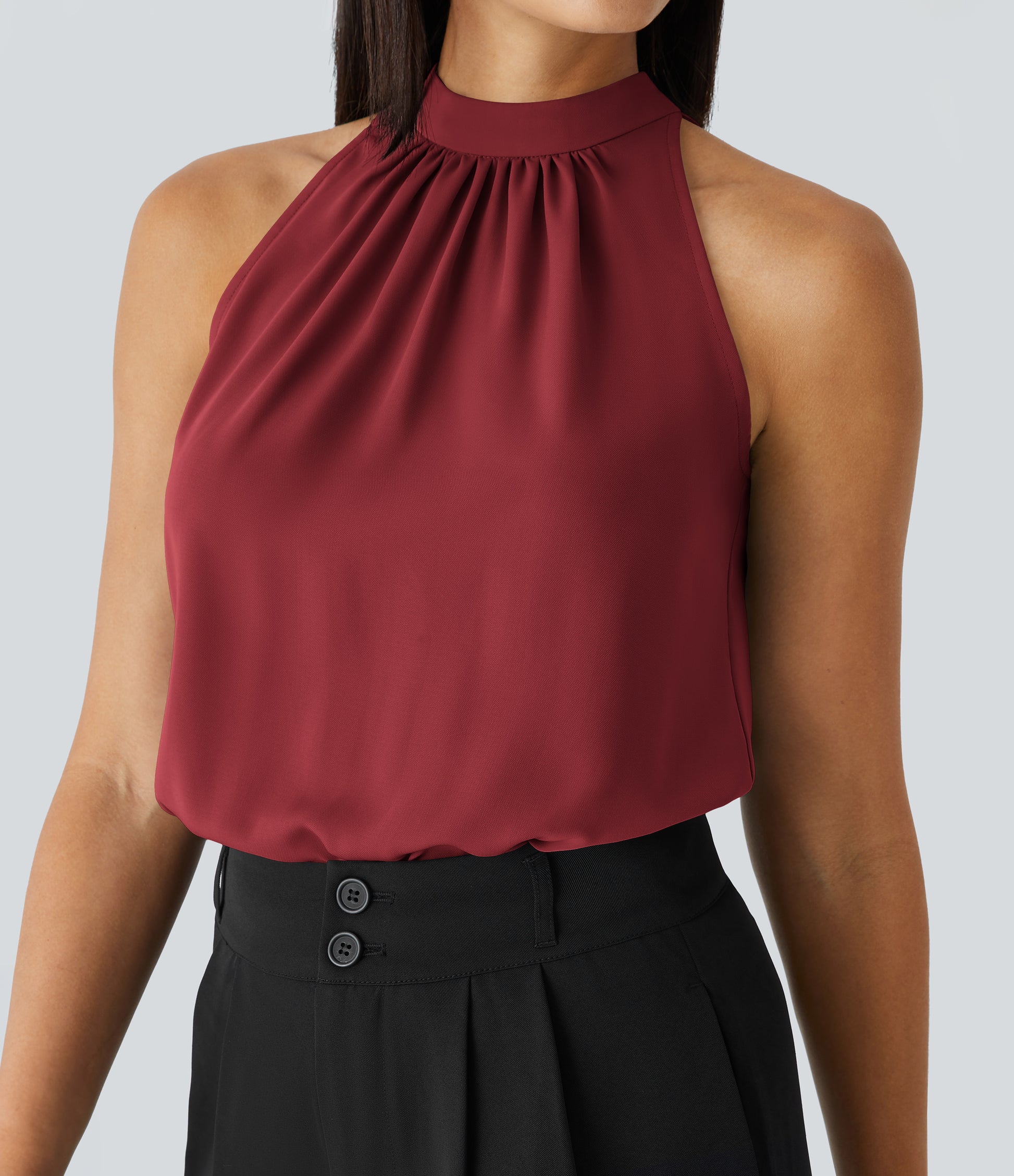 Women's Chic Keyhole Halter Sleeveless Blouse: Elegant Curved Hem Work Top