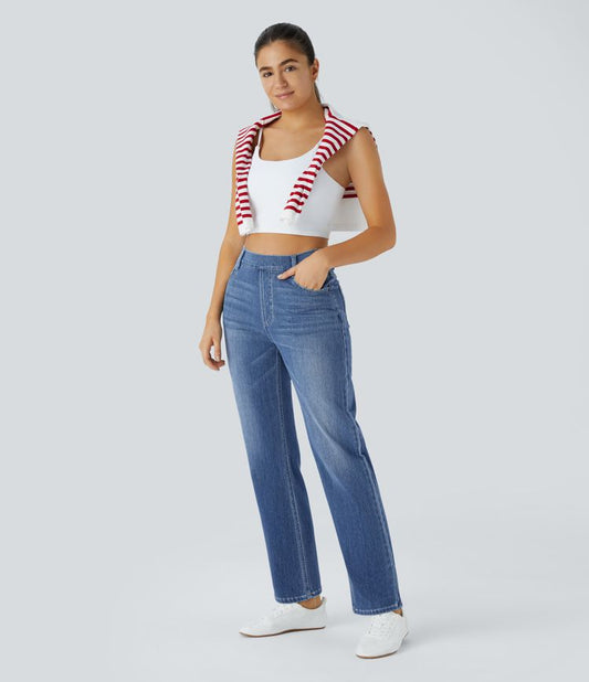 Halara Flex High-Waisted Pockets Straight Leg Washed Stretchy Knit Jeans