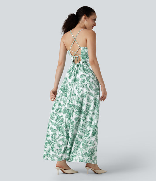 Chic Floral Print Maxi Dress: Flowy, Backless Lace-Up Design with Pockets