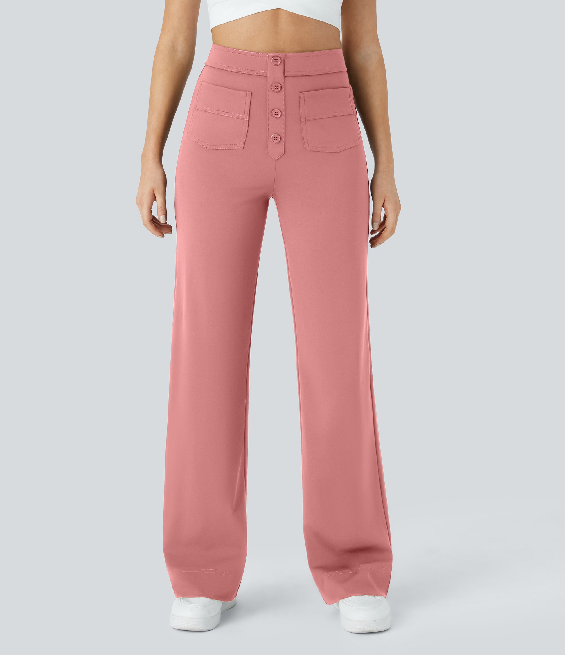 Halara High Waisted Button Straight Leg Casual Pants with Multiple Pockets