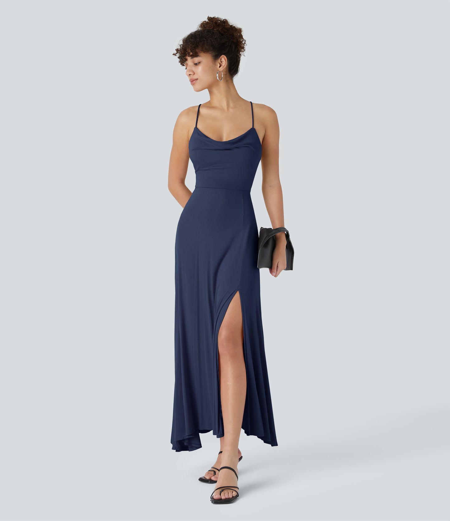 Elegant Ribbed Cowl Neck Backless Crisscross Lace-Up Split Midi Party Dress