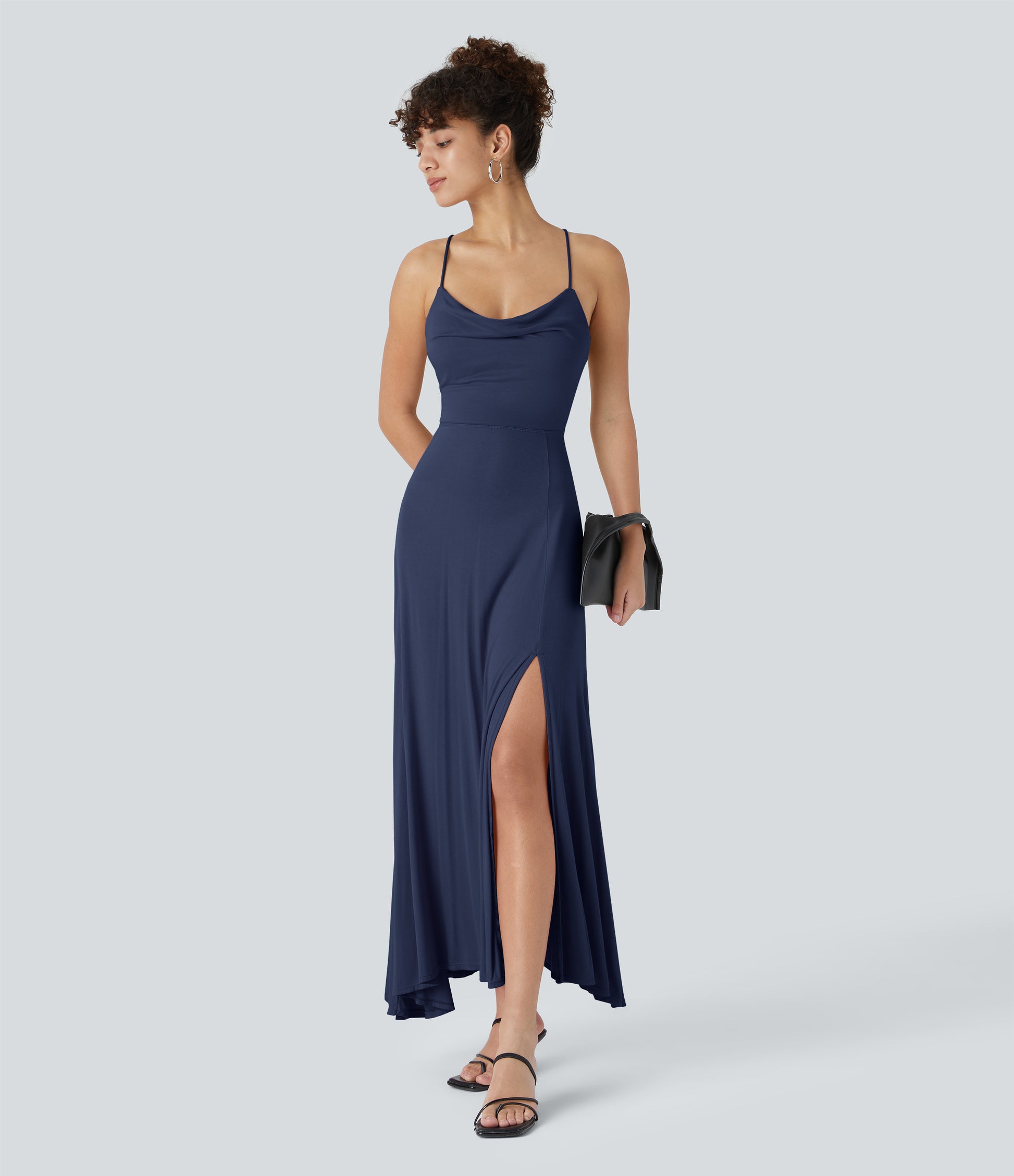 Elegant Ribbed Cowl Neck Backless Crisscross Lace-Up Split Midi Party Dress