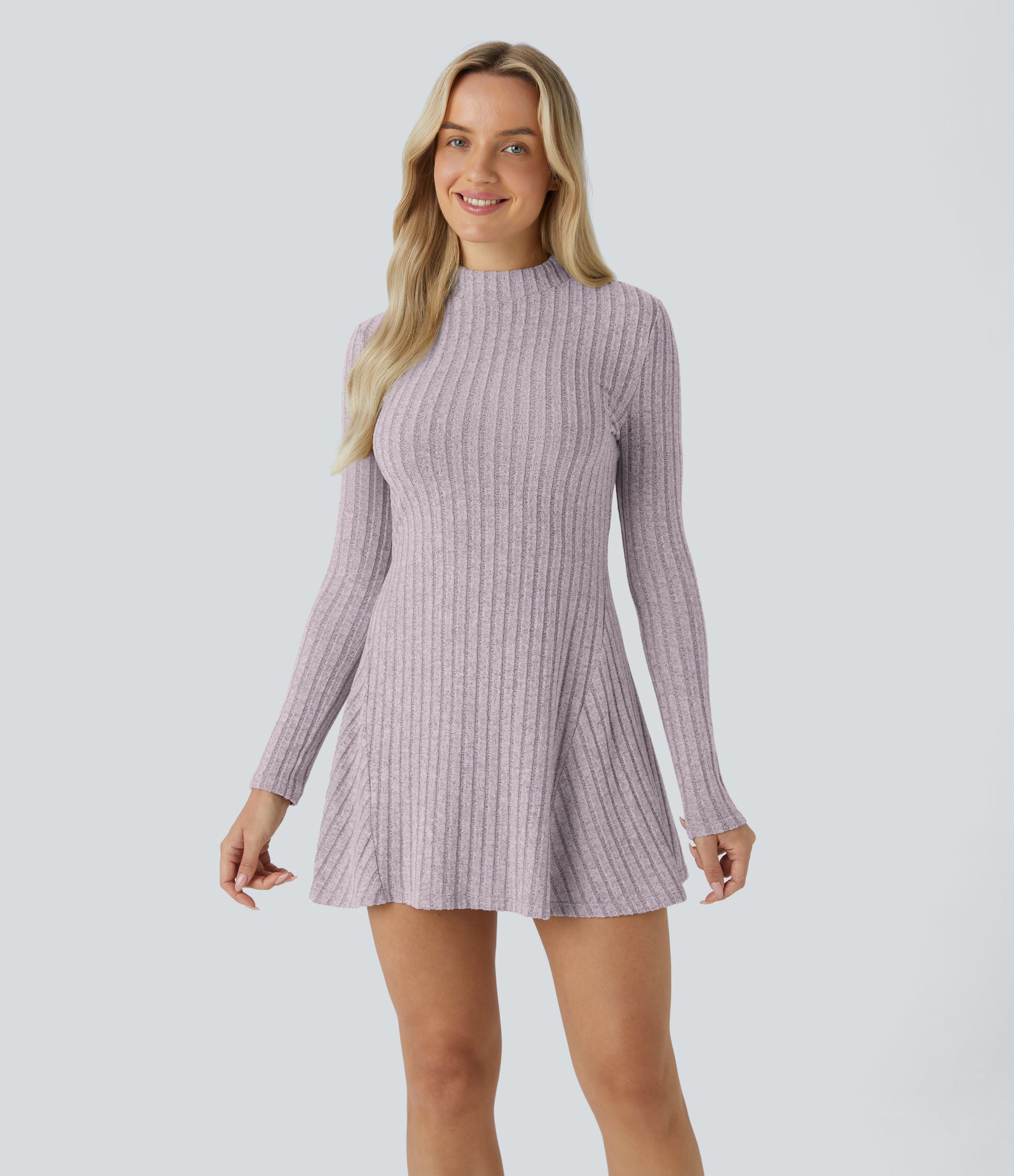 Soft Ribbed Knit Stand Collar Long Sleeve Mini Dress Cozy Everyday Versatile Style