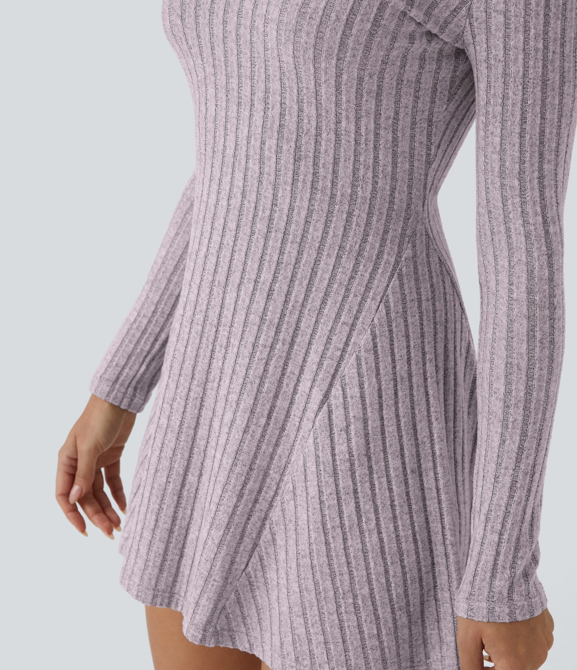 Soft Ribbed Knit Stand Collar Long Sleeve Mini Dress Cozy Everyday Versatile Style