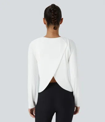 Contrast Mesh Split Hem Long Sleeve Cool Touch Yoga Sports Top-UPF50+