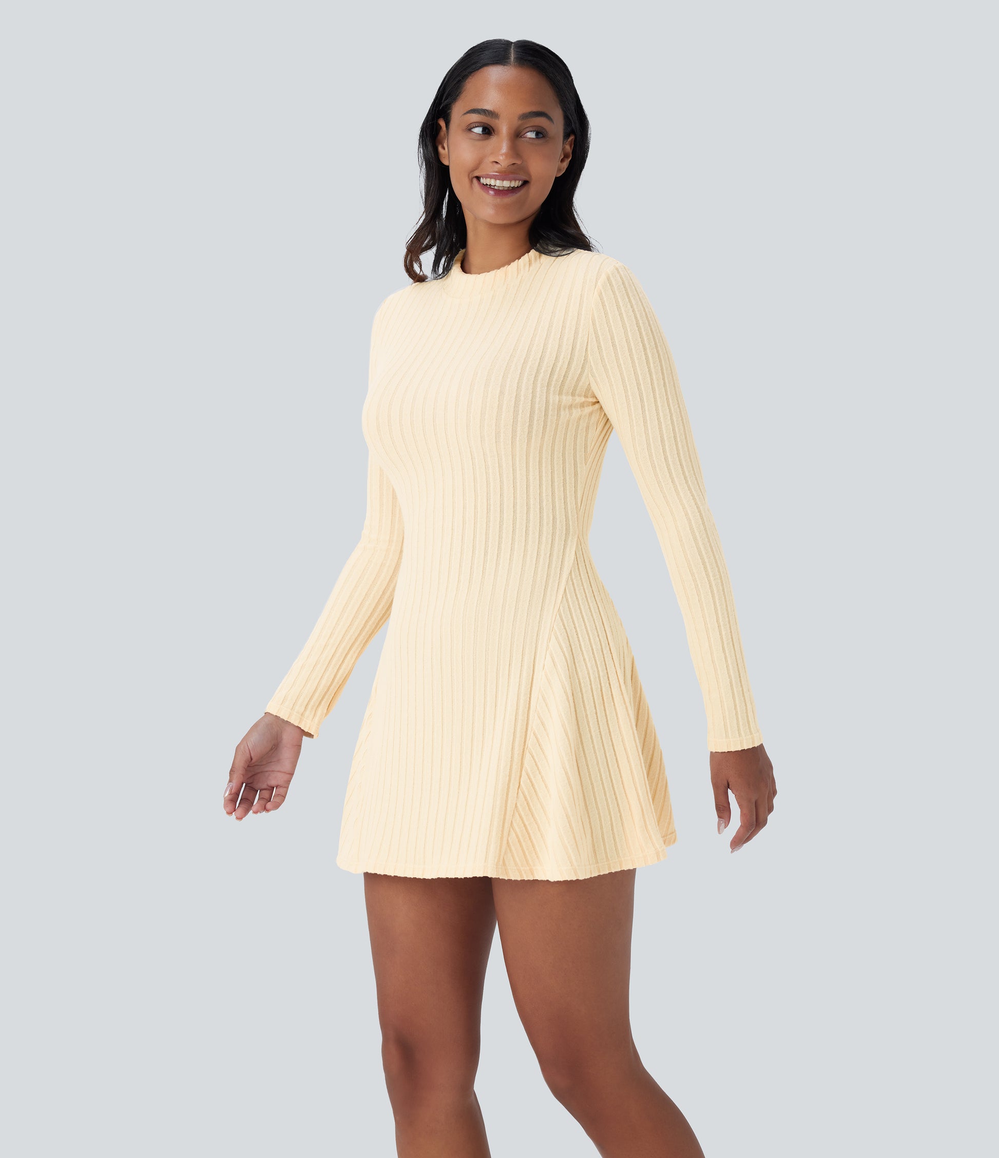 Soft Ribbed Knit Stand Collar Long Sleeve Mini Dress Cozy Everyday Versatile Style