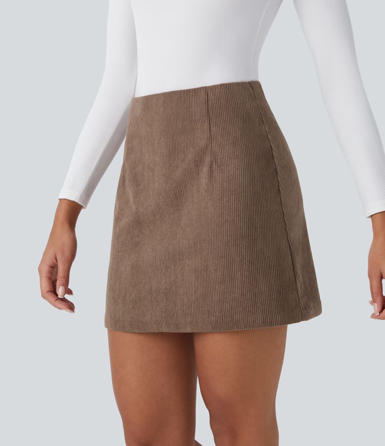 Chic High-Waisted Corduroy Mini Skirt with Invisible Zipper Shorts Lining