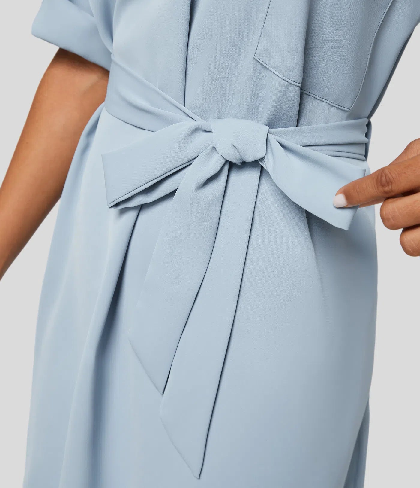 Chic Halara Women's Collared Roll-Up Sleeve Button-Down Belted Relaxed Midi Shirt Dress