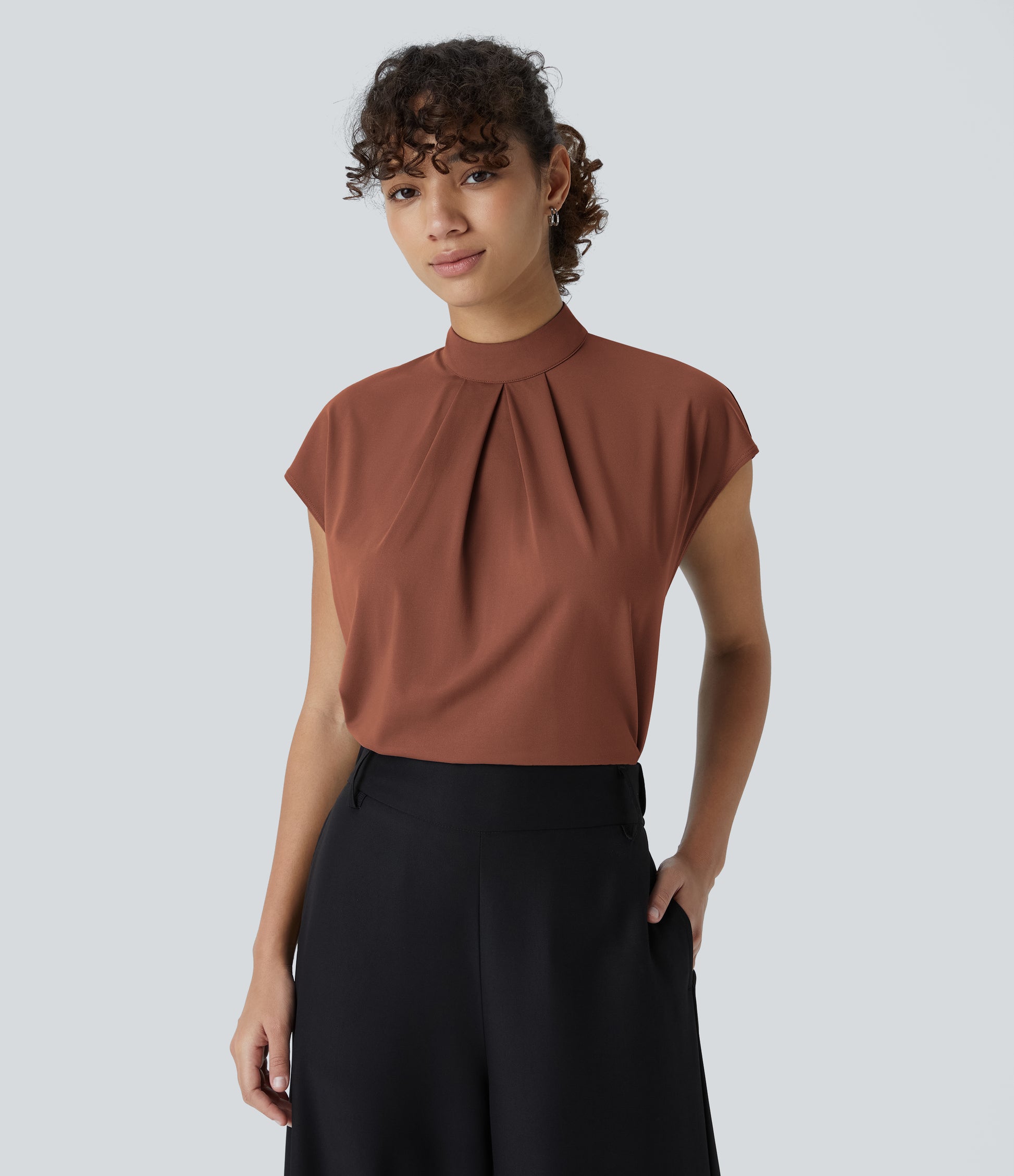 Women's Professional Stand Collar Cap Sleeve Work Blouse - Comfortable Stretch Office Top