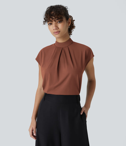 Women's Professional Stand Collar Cap Sleeve Work Blouse - Comfortable Stretch Office Top