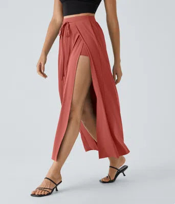 Breezeful Women's High-Waisted Tie-Front Split Flowy 2-in-1 Maxi Quick-Dry Skirt