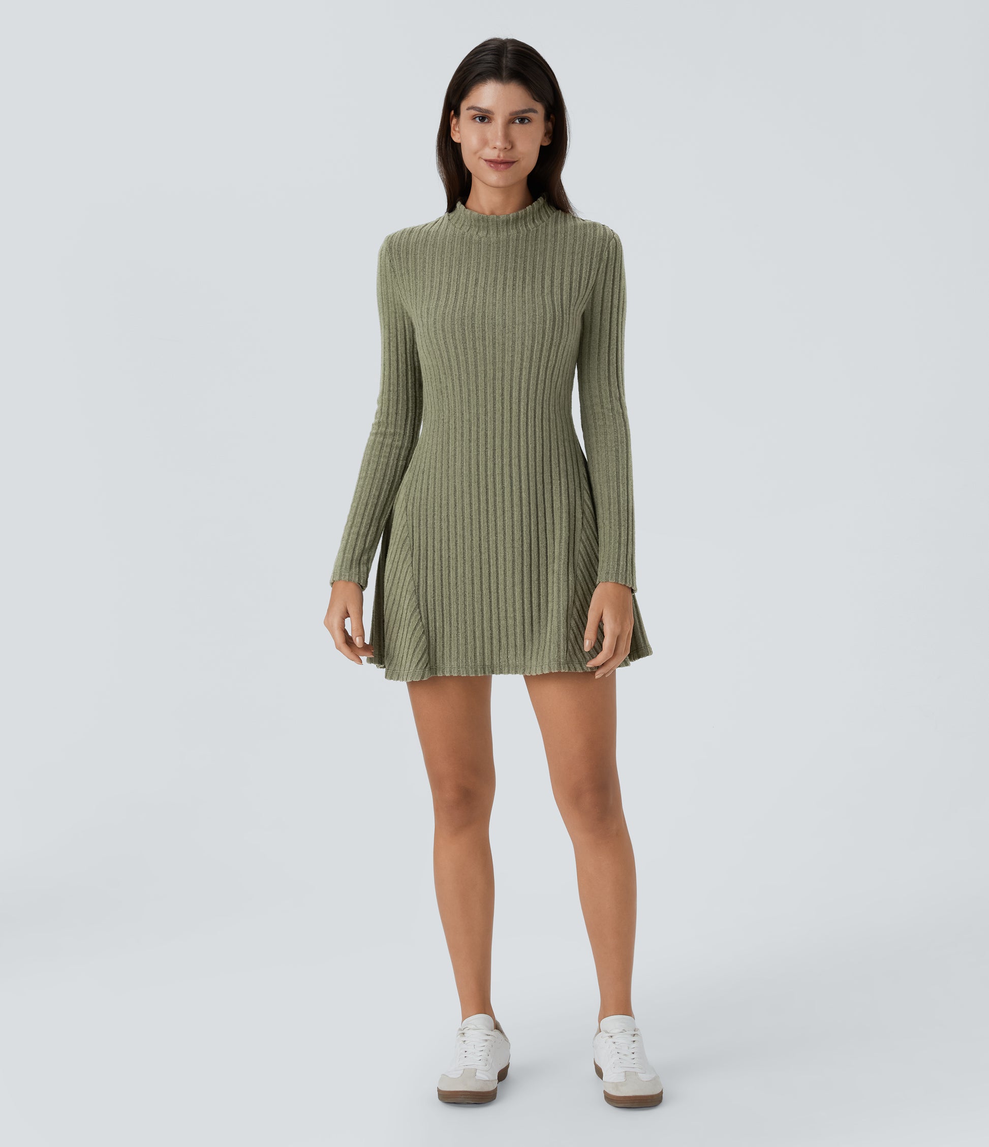 Soft Ribbed Knit Stand Collar Long Sleeve Mini Dress Cozy Everyday Versatile Style