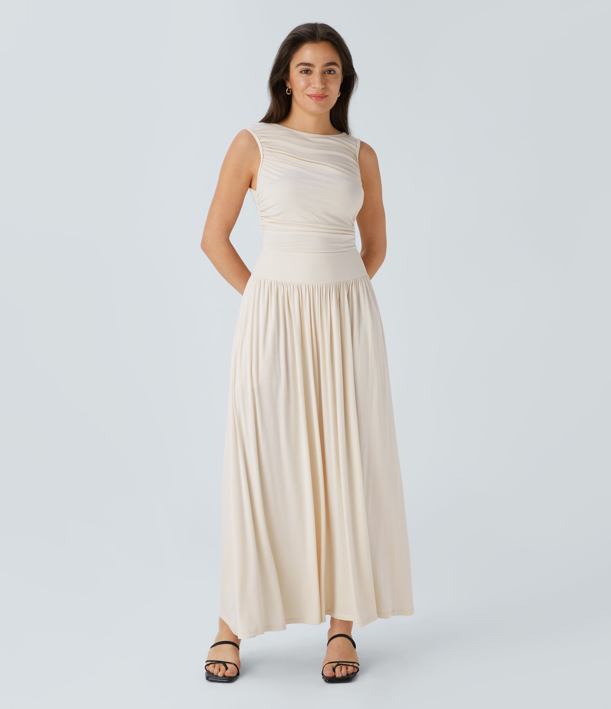 Chic Ribbed Boat Neck Flowy Maxi Dress with Asymmetric Strap & Side Pockets