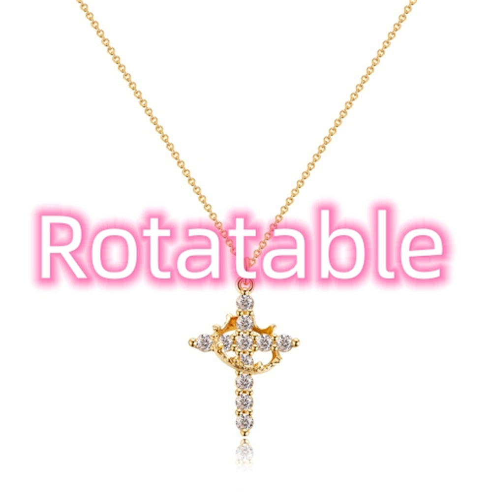 Cross Full Diamond Crown Rotatable Necklace 08