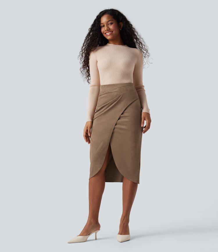 Chic High-Waisted Suede-Feel Tulip Hem Midi Skirt for Women