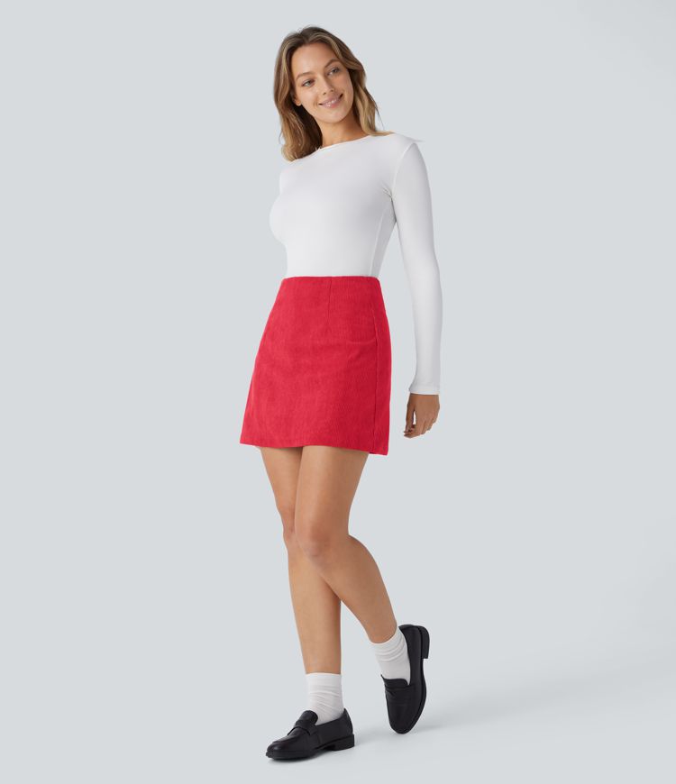 Chic High-Waisted Corduroy Mini Skirt with Invisible Zipper Shorts Lining