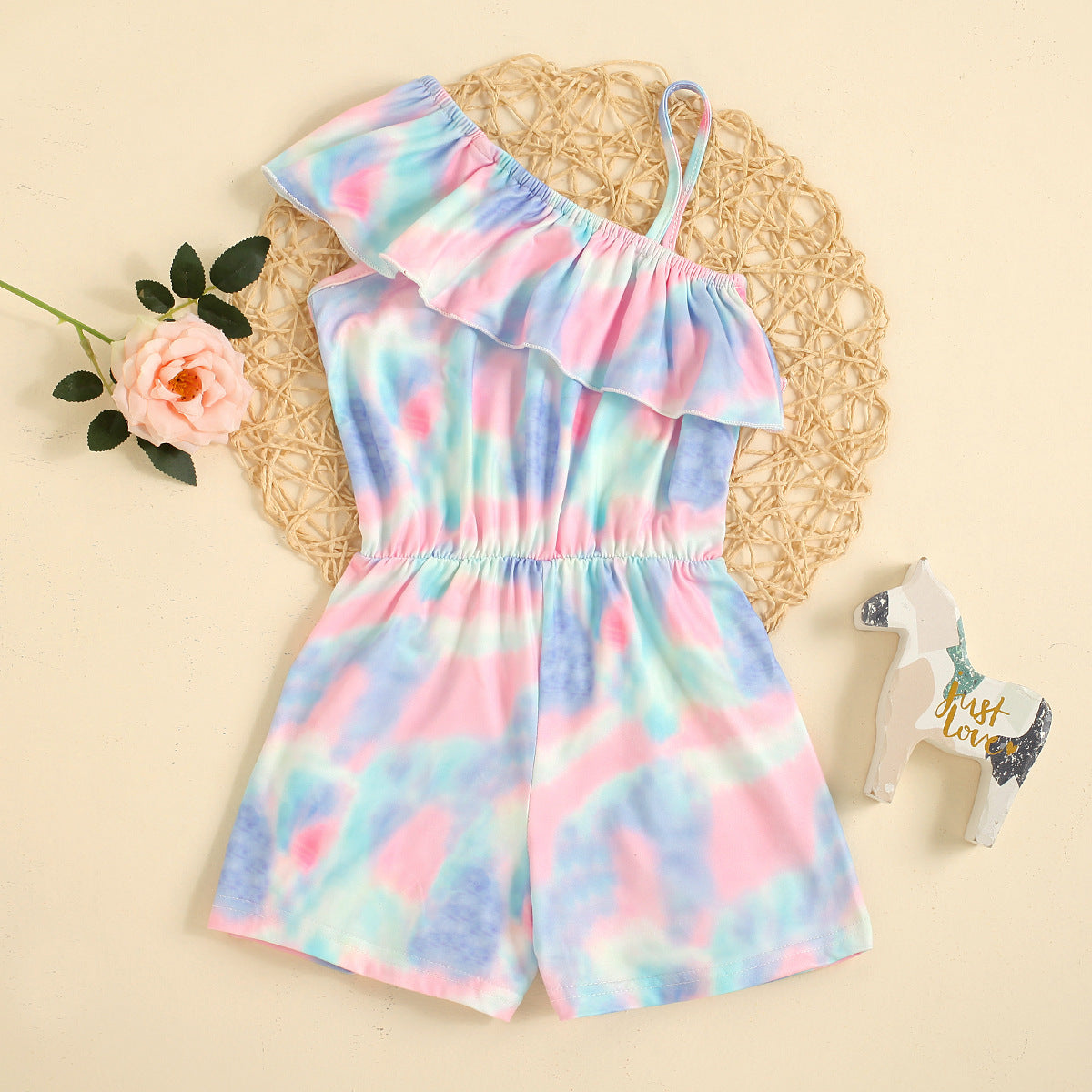Girls' Tie-dye One-shoulder Ruffled Sling Shorts