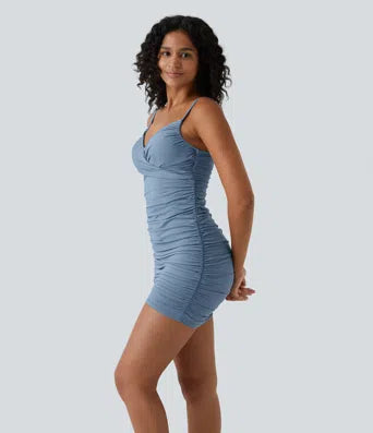 Deep V Neck Adjustable Strap Backless Ruched Bodycon Mini Casual Dress