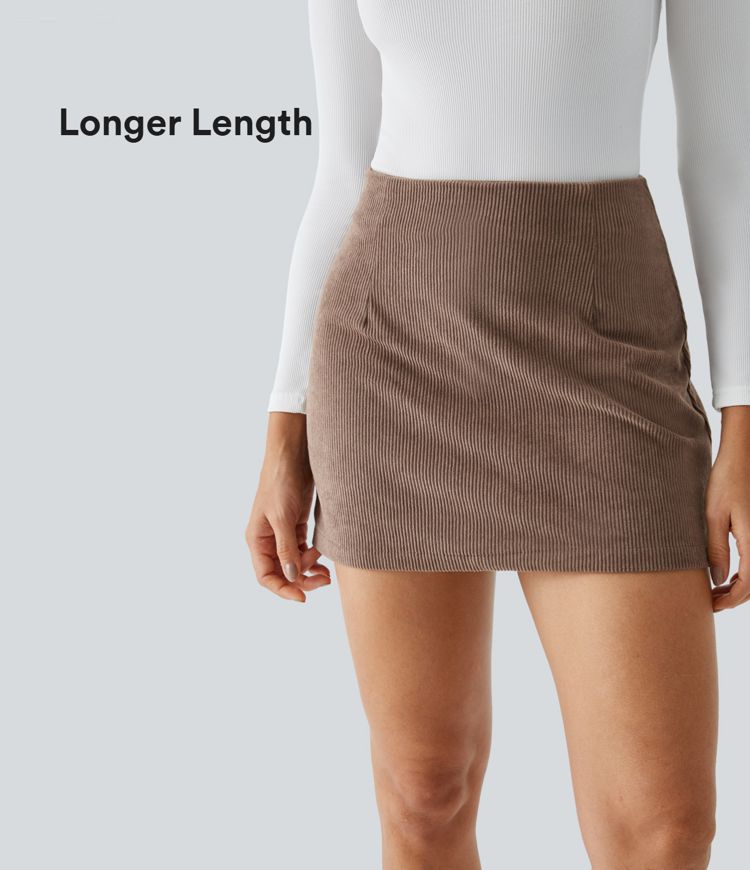 Chic High-Waisted Corduroy Mini Skirt with Invisible Zipper Shorts Lining