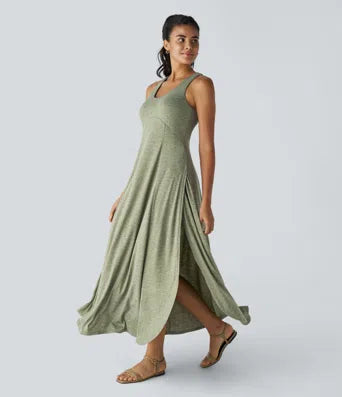 Square Neck Long Sleeve Split Flowy Flare Maxi Casual Dress